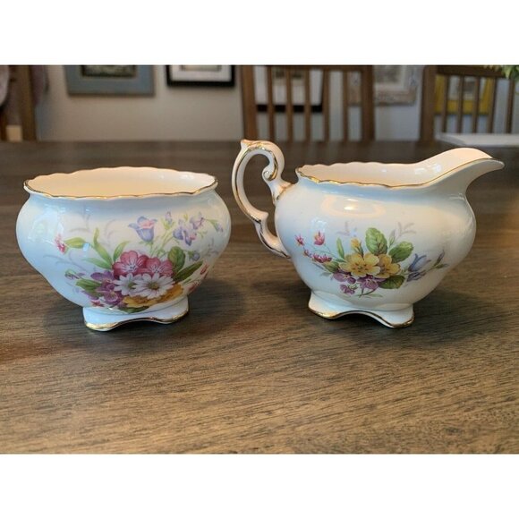 EB Foley 1850 Sugar Bowl Creamer Set Vintage Made in England Flowers Light Blue - Picture 3 of 12